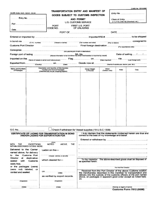Customs Form 7512 - Transportation Entry And Manifest Of Goods Subject To Customs Inspection And Permit - 1998