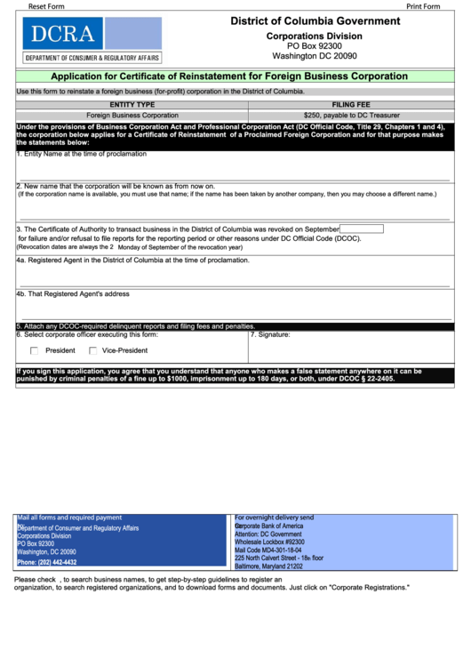 Fillable Application For Certificate Of Reinstatement For Foreign Business Corporation - District Of Columbia Government Printable pdf