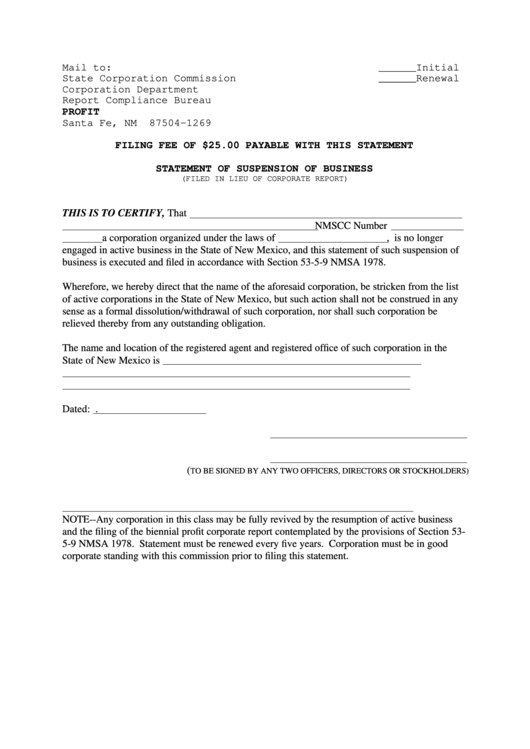 Statement Of Suspension Of Business - New Mexico State Corporation Commission Printable pdf
