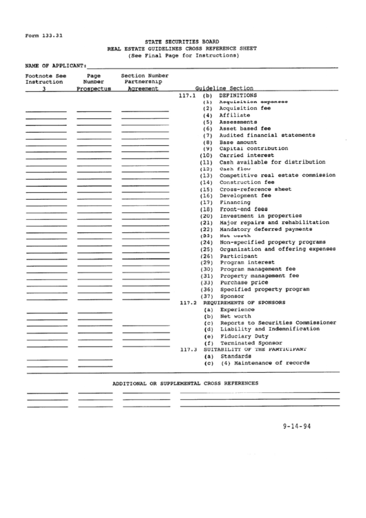 Form 133.31 - Real Estate Guidelines Cross Reference Sheet - 1994 Printable pdf