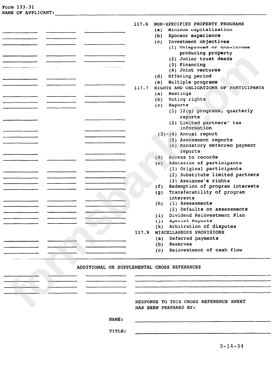 Form 133.31 - Real Estate Guidelines Cross Reference Sheet - 1994