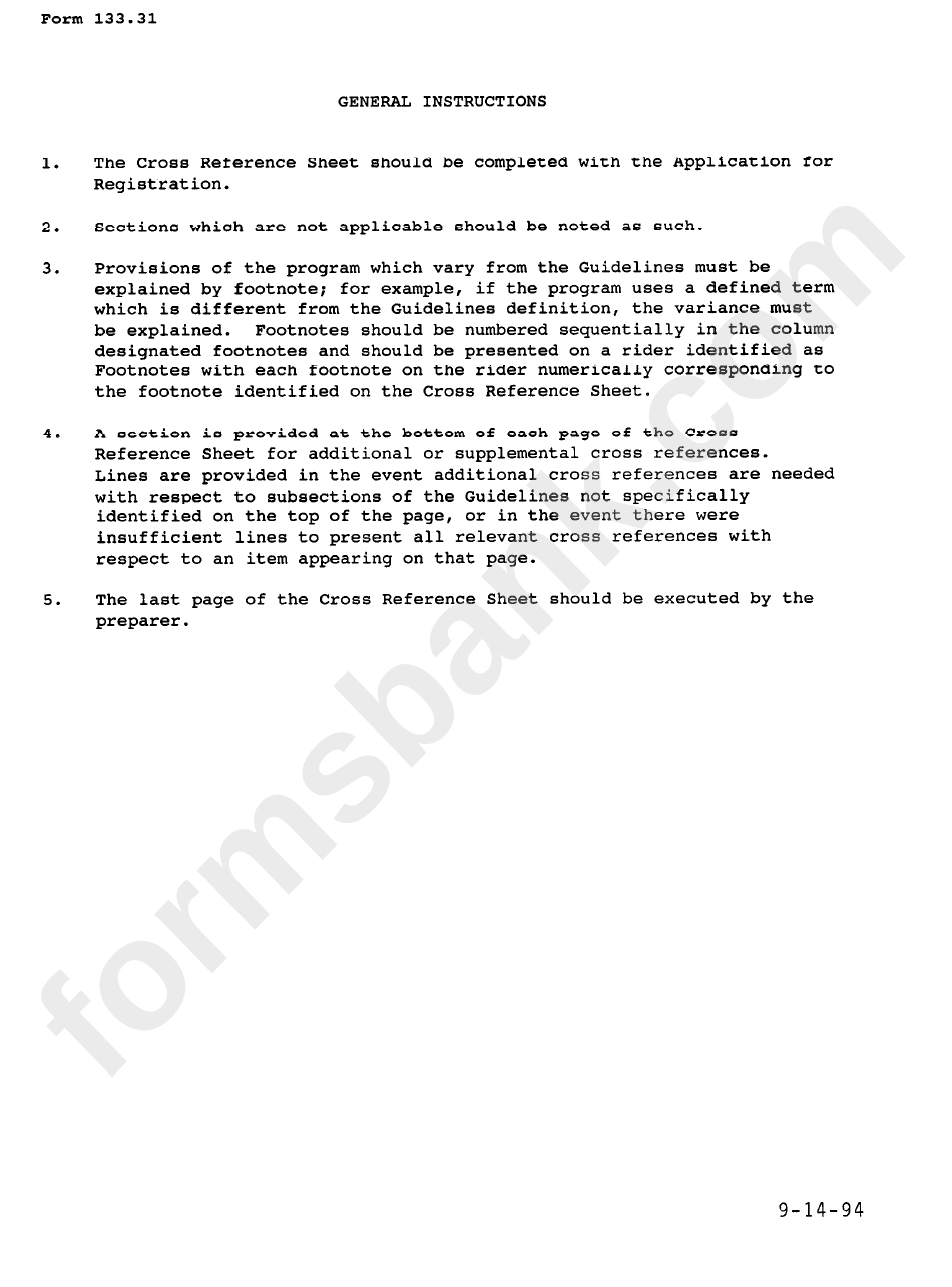 Form 133.31 - Real Estate Guidelines Cross Reference Sheet - 1994