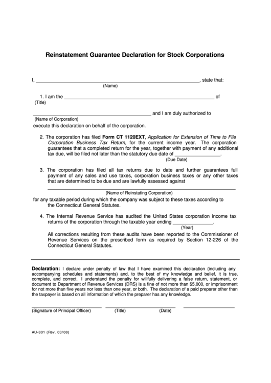 Form Au-801 - Reinstatement Guarantee Declaration For Stock Corporations - 2008 Printable pdf