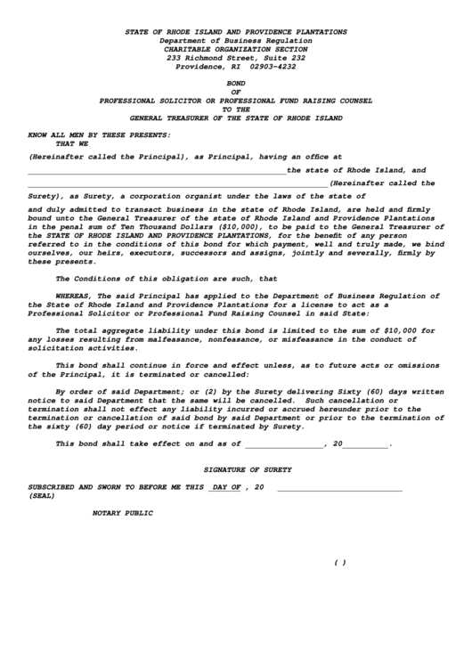 Bond Of Professional Solicitor Or Professional Fund Raising Counsel Form - 1997 Printable pdf