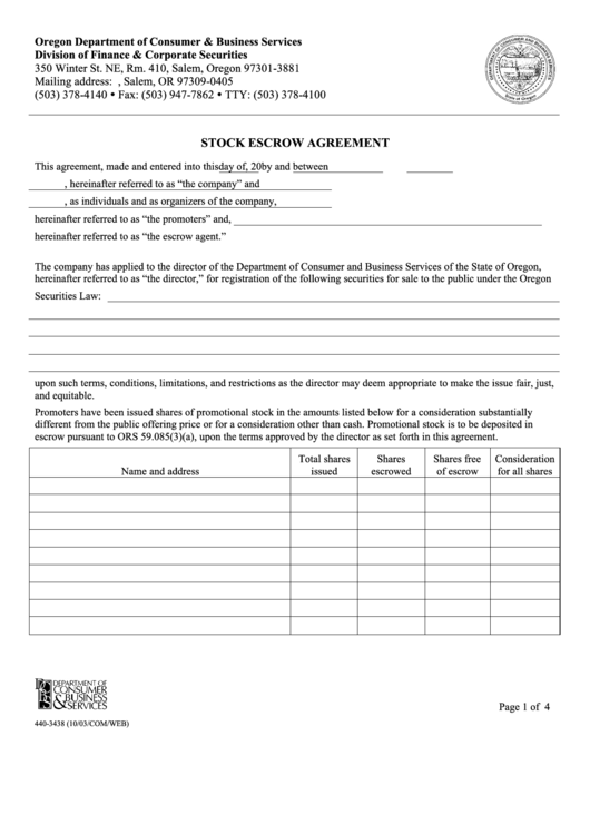 Stock Escrow Agreement Form - 2003 Printable pdf