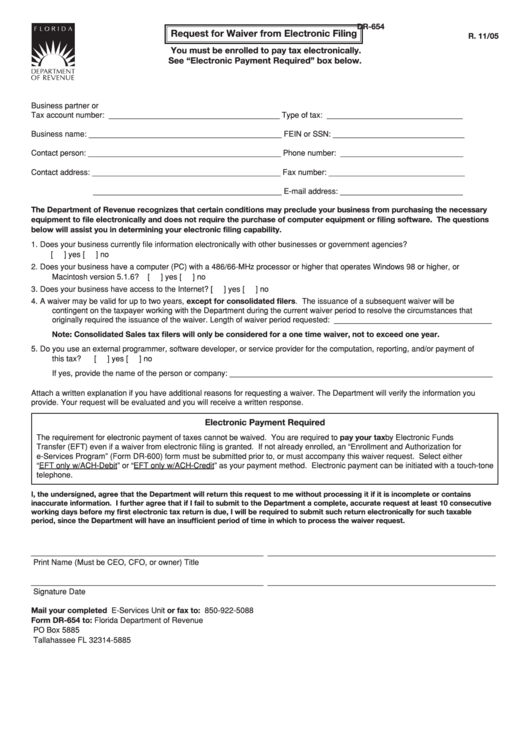 Form Dr-654 - Request For Waiver From Electronic Filing Printable pdf