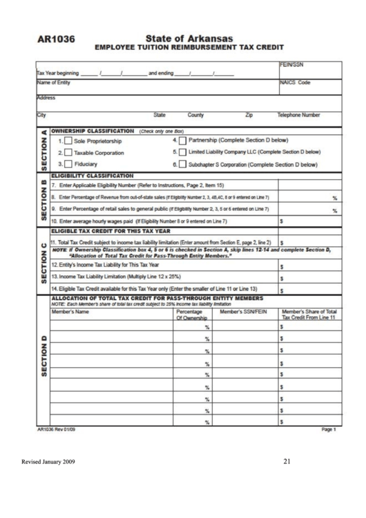 Form Ar1036 - Employee Tuition Reimbursement Tax Credit Printable pdf