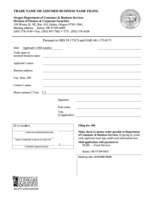 Trade Name Or Assumed Business Name Filing Form - 2003 Printable pdf