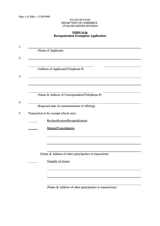 Form 14-2p - Reorganization Exemption Application - 1998 Printable pdf