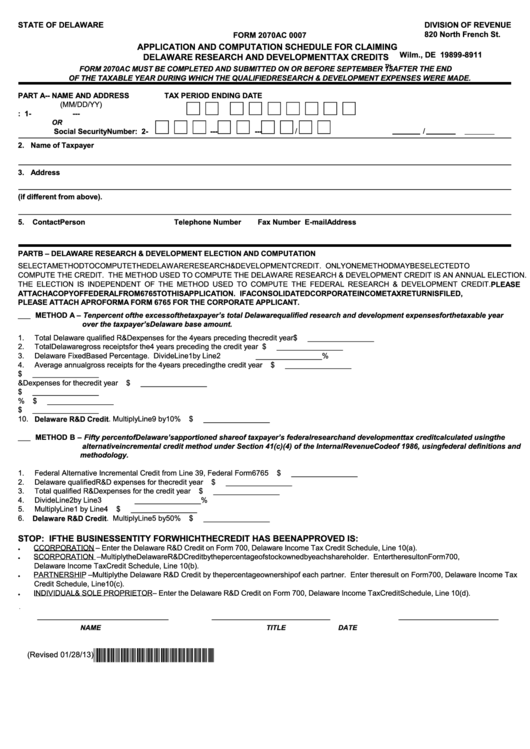 Form 2070ac 0007 - Application And Computation Schedule For Claiming Delaware Research And Development Tax Credits (With Instructions) - 2013 Printable pdf