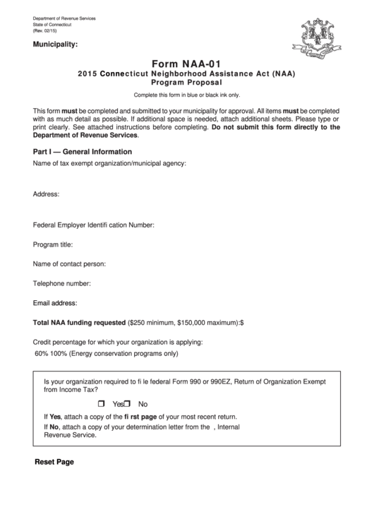 Fillable Form Naa-01 - Connecticut Neighborhood Assistance Act (Naa) Program Proposal - 2015 Printable pdf