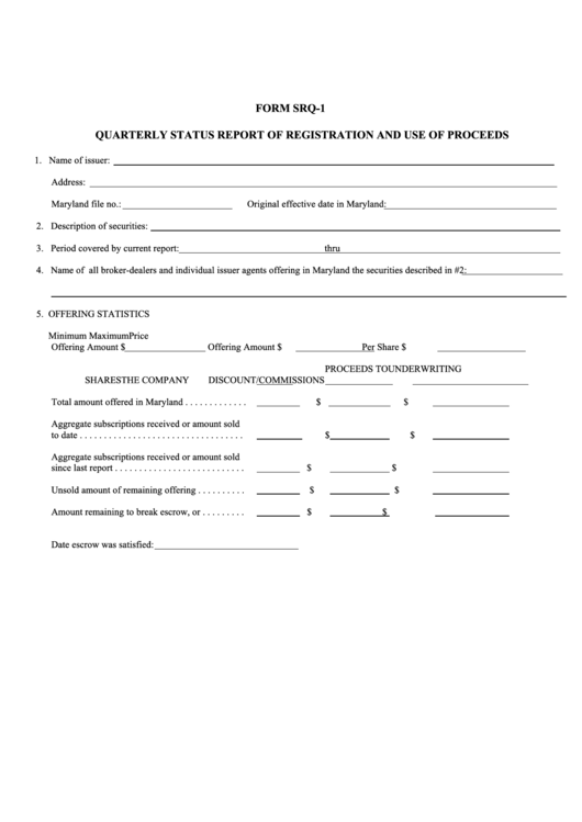 Form Srq-1 - Quarterly Status Report Of Registration And Use Of Proceeds - 1999 Printable pdf