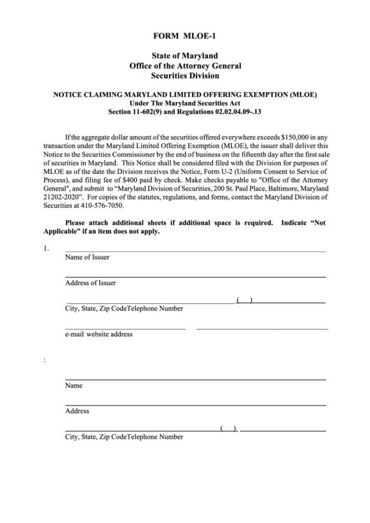 Form Mloe-1 - Notice Claiming Maryland Limited Offering Exemption (Mloe) - 2004 Printable pdf