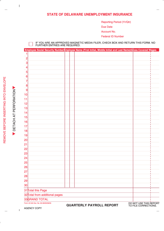 Form Uc-8a - Quarterly Payroll Report Printable pdf
