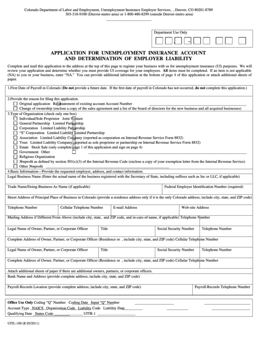 Fillable Form Uitl-100 - Application For Unemployment Insurance Account May 2011 Printable pdf