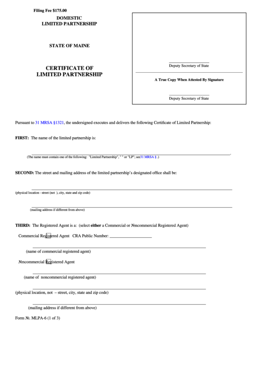 Fillable Form Mlpa-6 - Certificate Of Limited Partnership/filer Contact Cover Letter Printable pdf