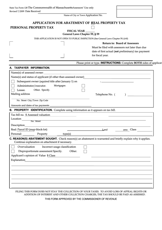 Fillable Form 128 - Application For Abatement Of Real Property Tax Or Personal Property Tax Printable pdf