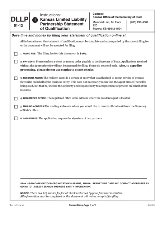 Form Dllp 51-12 - Limited Liability Partnership Statement Of Qualification - 2010 Printable pdf