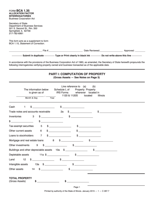 Fillable Form Bca 1.35 - Computation Of Property 2015 Printable pdf