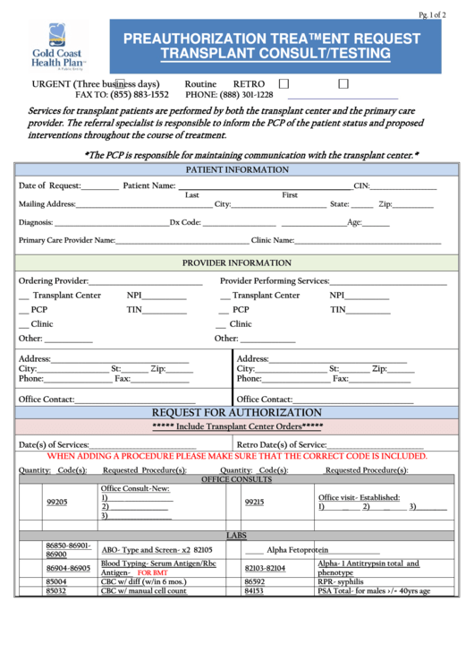 Fillable Form Um100 - Transplant Consult/testing Preauthorization Treatment Request Form Printable pdf