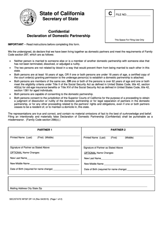 Fillable Form Np/sf Dp-1a - Confidential Declaration Of Domestic Partnership Printable pdf