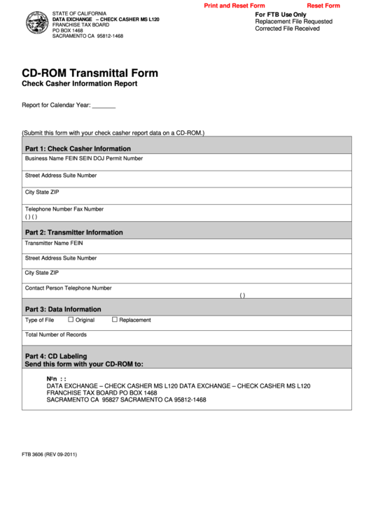 Fillable Form Ftb 3606 - Cd-Rom Transmittal Form September 2011 Printable pdf
