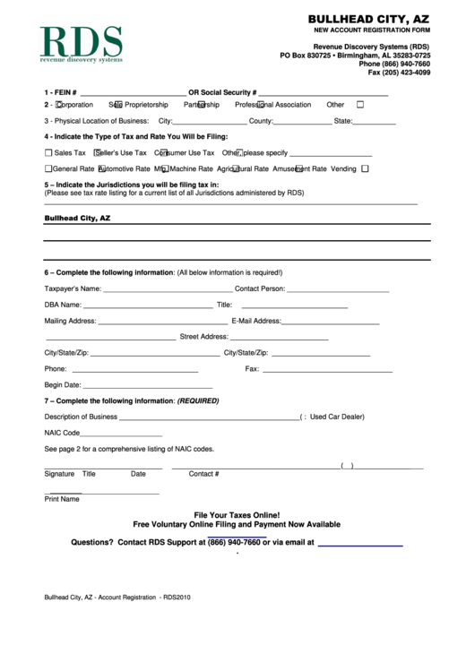 New Account Registration Form - Bullhead City, Az - 2010 Printable pdf