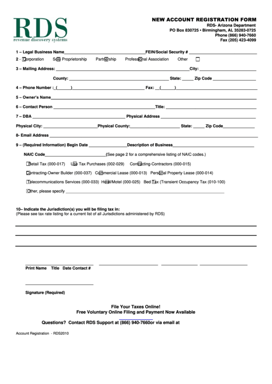 Form Rds - New Account Registration Form 2010 Printable pdf