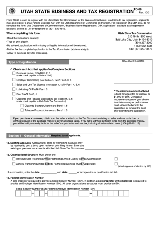 Form Tc-69 - Business And Tax Registration October 2001 Printable pdf