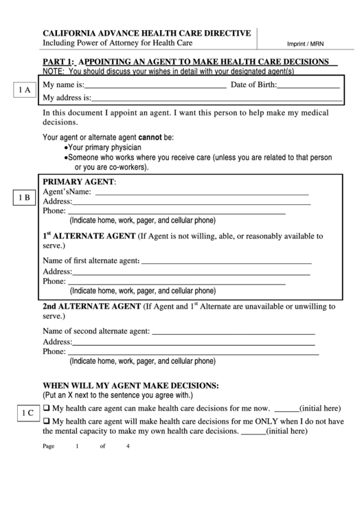California Advance Health Care Directive Form - 2008 Printable pdf