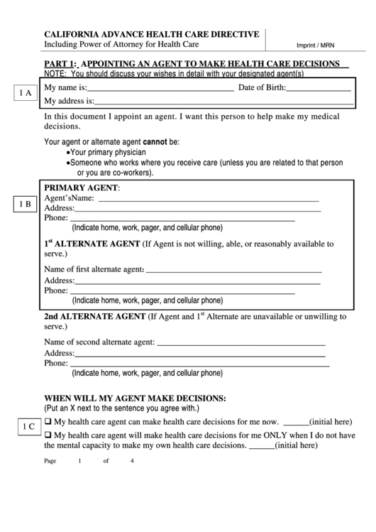 California Advance Health Care Directive Form 2008 Printable Pdf Download