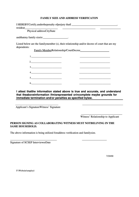 Family Size And Address Verificaiton Form July 2000 Printable pdf