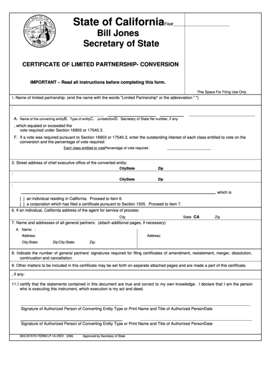 Fillable Form Lp-1a - Certificate Of Limited Partnership- Conversion March 2000 Printable pdf