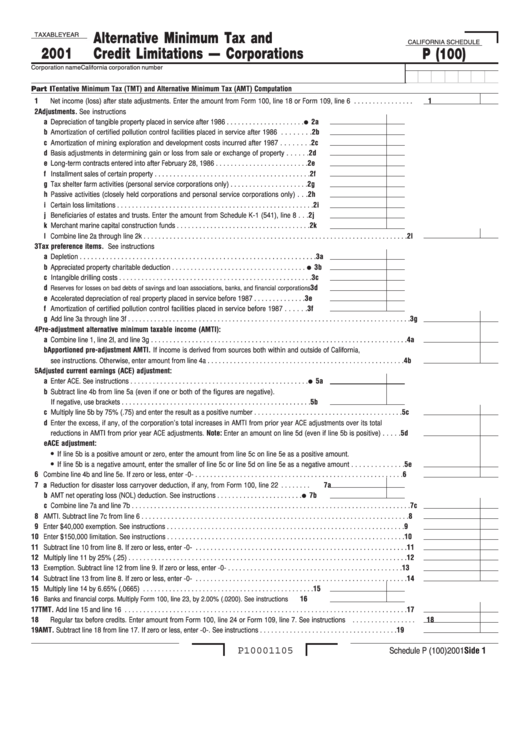 California Schedule P (100) - Alternative Minimum Tax And Credit Limitations - Corporations - 2001 Printable pdf