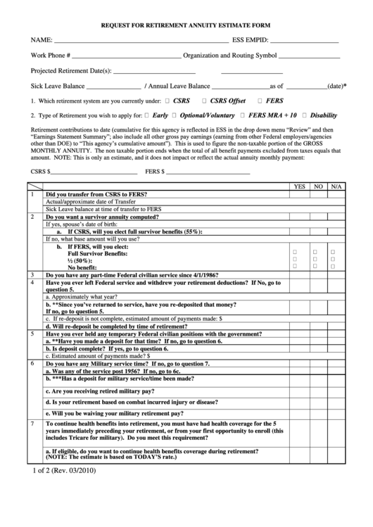 Fillable Request For Retirement Annuity Estimate Form Printable pdf