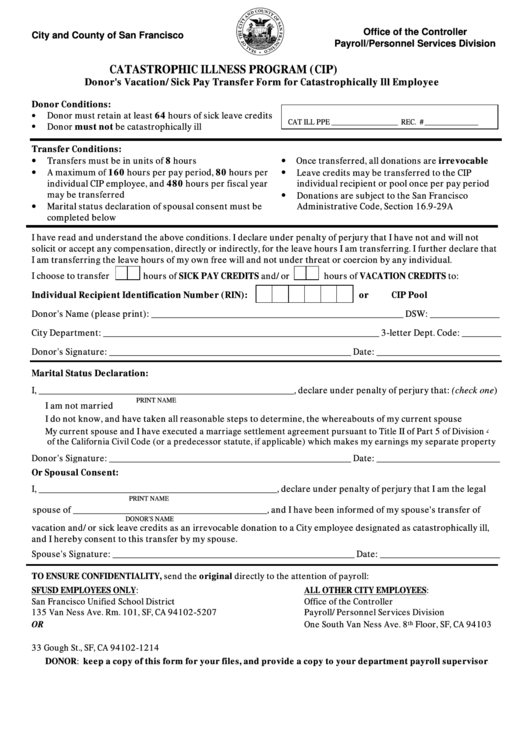 Donor's Vacation/sick Pay Transfer Form For Catastrophically Ill Employee Form - Office Of The Controller