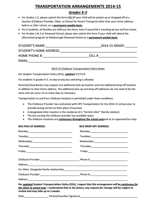 Transportation Arrangements Form Printable pdf