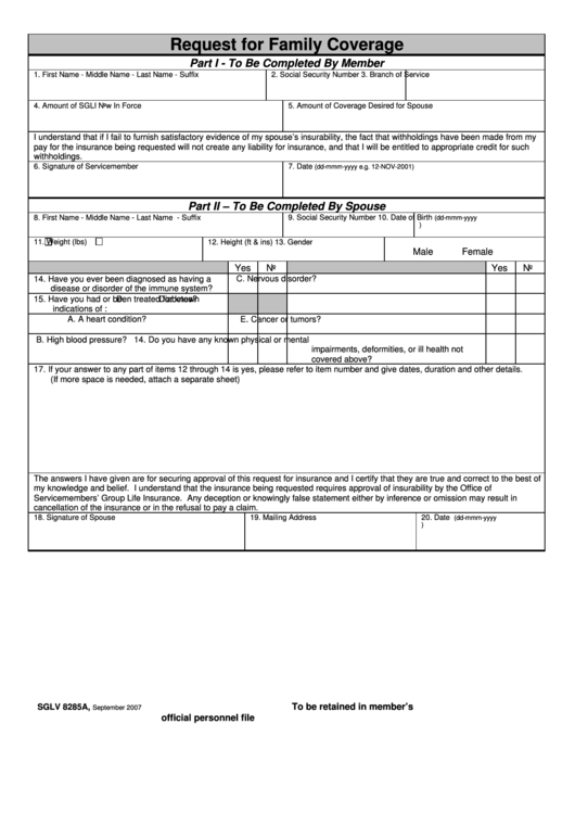 Fillable Form Sglv 8285a - Request For Family Coverage Printable pdf