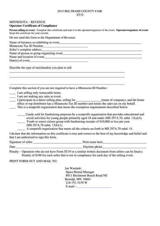Operator Certificate Of Compliance Form Printable pdf