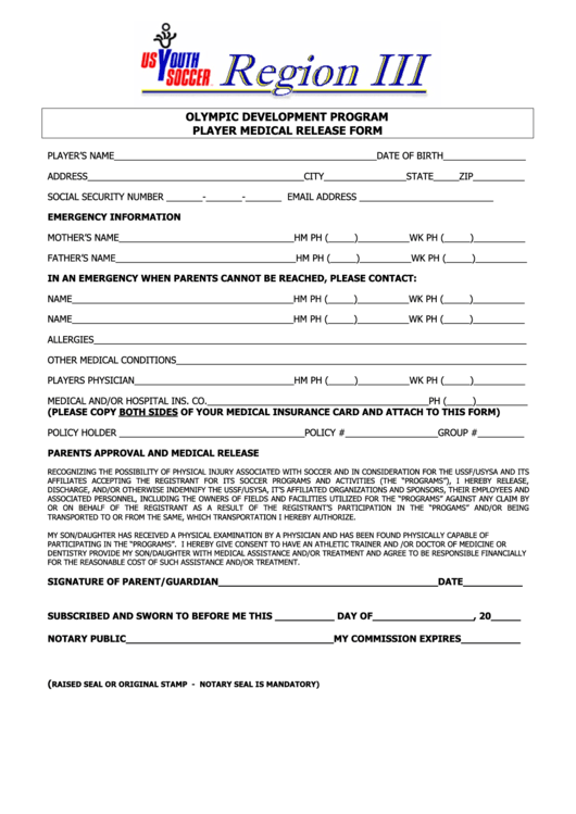 Olympic Development Program Player Medical Release Form Printable pdf