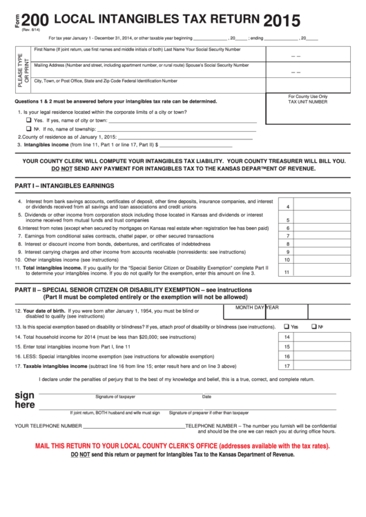 Fillable Form 200 - Local Intangibles Tax Return - 2015 Printable pdf