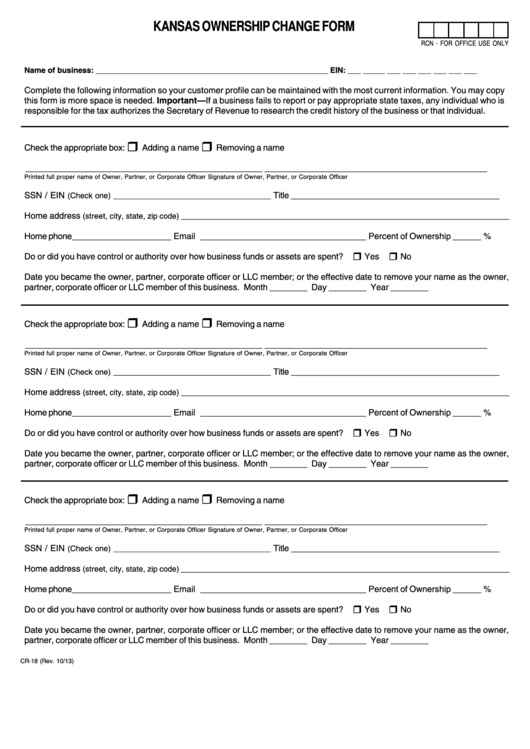 Fillable Form Cr-18 - Kansas Ownership Change Form Printable pdf