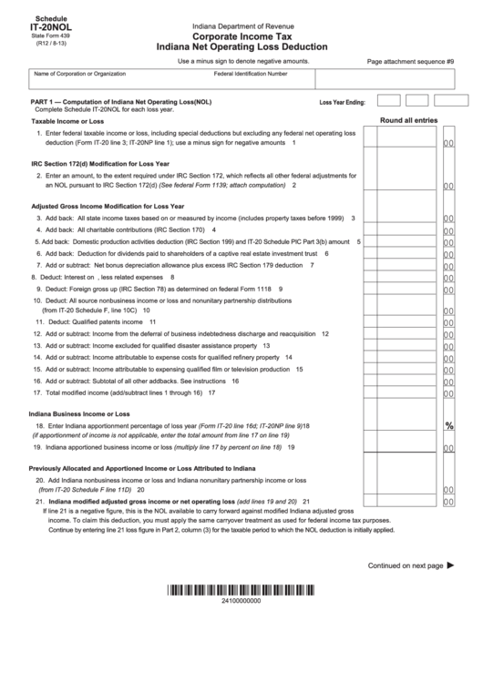 Fillable State Form 439 - Schedule It-20nol - Corporate Income Tax Indiana Net Operating Loss Deduction Printable pdf