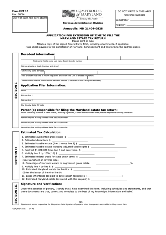 Fillable Form Met 1e - Application For Extension Of Time To File The Maryland Estate Tax Return Printable pdf