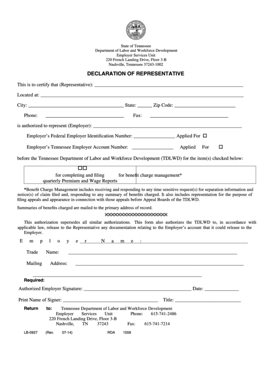 Fillable Form Lb-0927 - Declaration For Representative Printable pdf