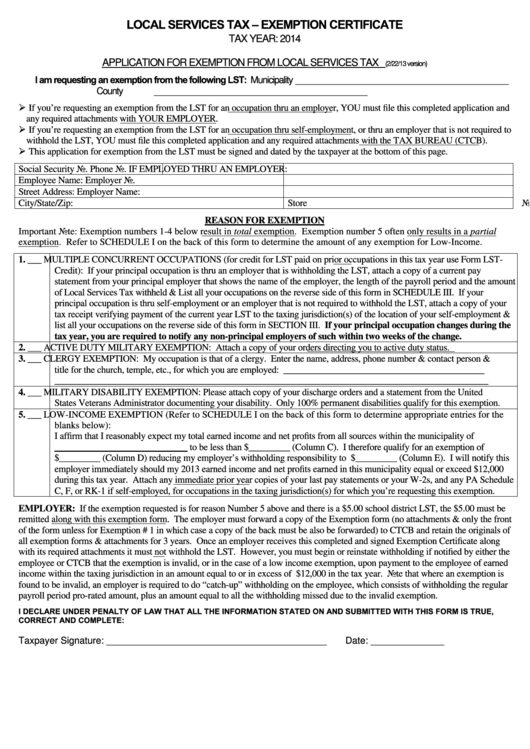Local Services Tax - Exemption Certificate - Pennsylvania Capital Tax Collection Bureau - 2014 Printable pdf