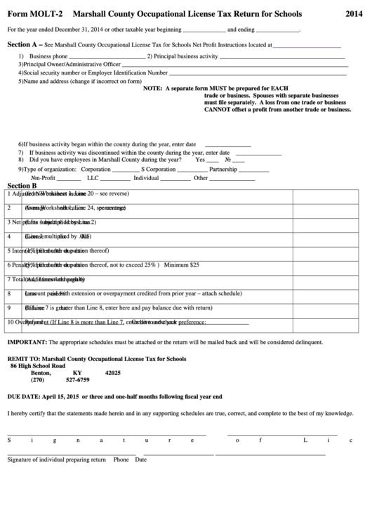 Form Molt-2 - Marshall County Occupational License Tax Return For Schools - 2014 Printable pdf