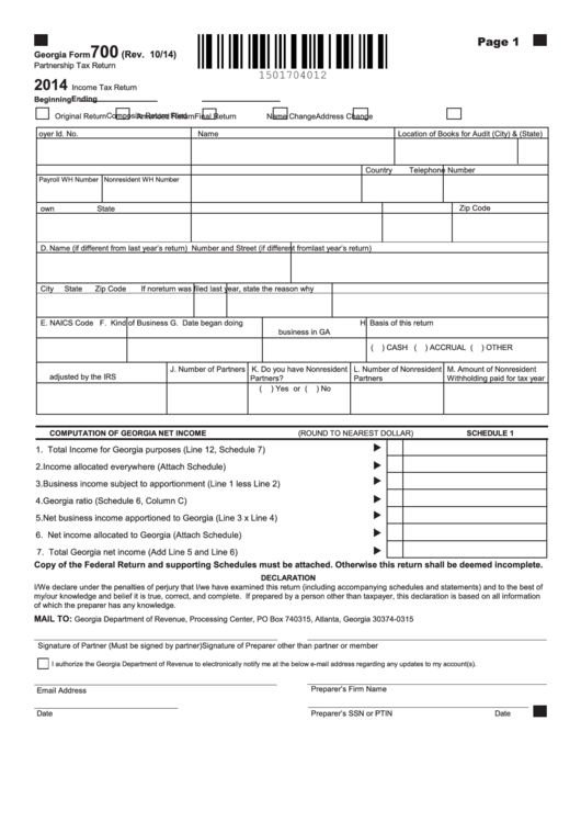 Fillable Georgia Form 700 - Partnership Tax Return - 2014 Printable pdf