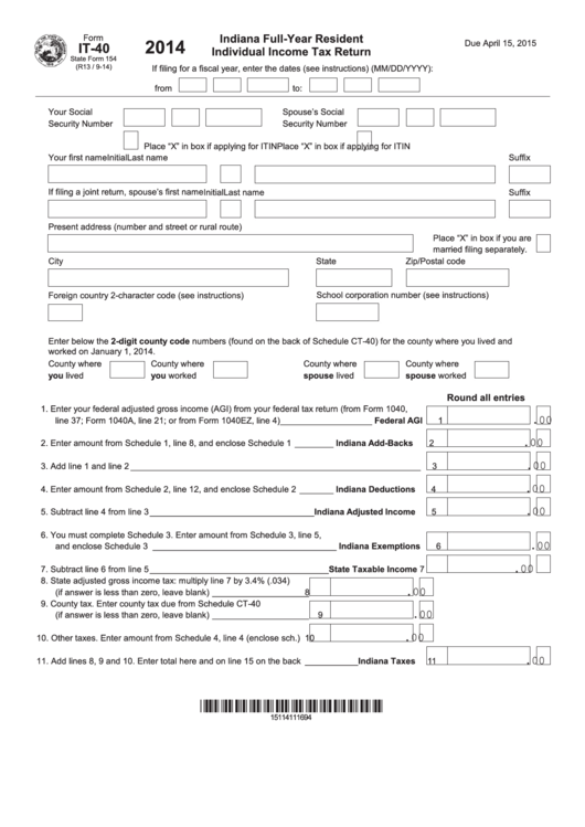Fillable Form It-40 - Indiana Full-Year Resident Individual Income Tax Return - 2014 Printable pdf