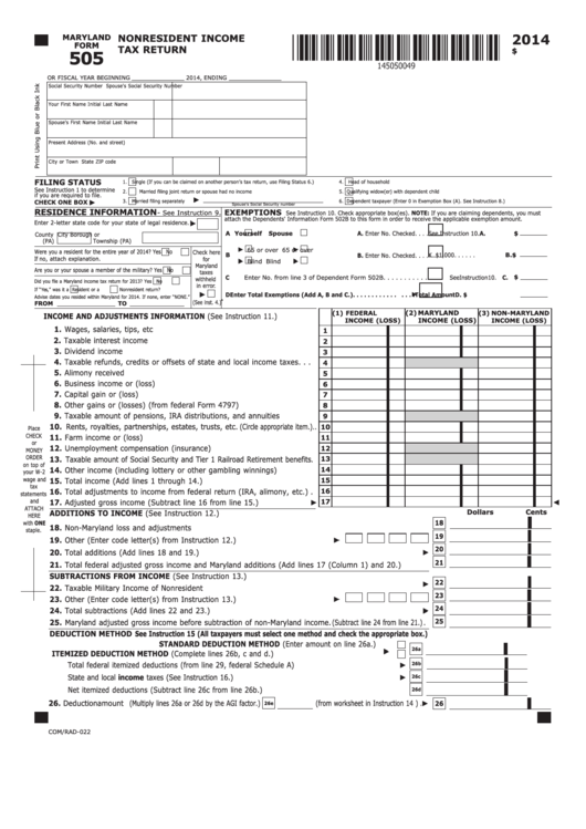 Fillable Maryland Form 505 - Nonresident Income Tax Return - 2014 Printable pdf